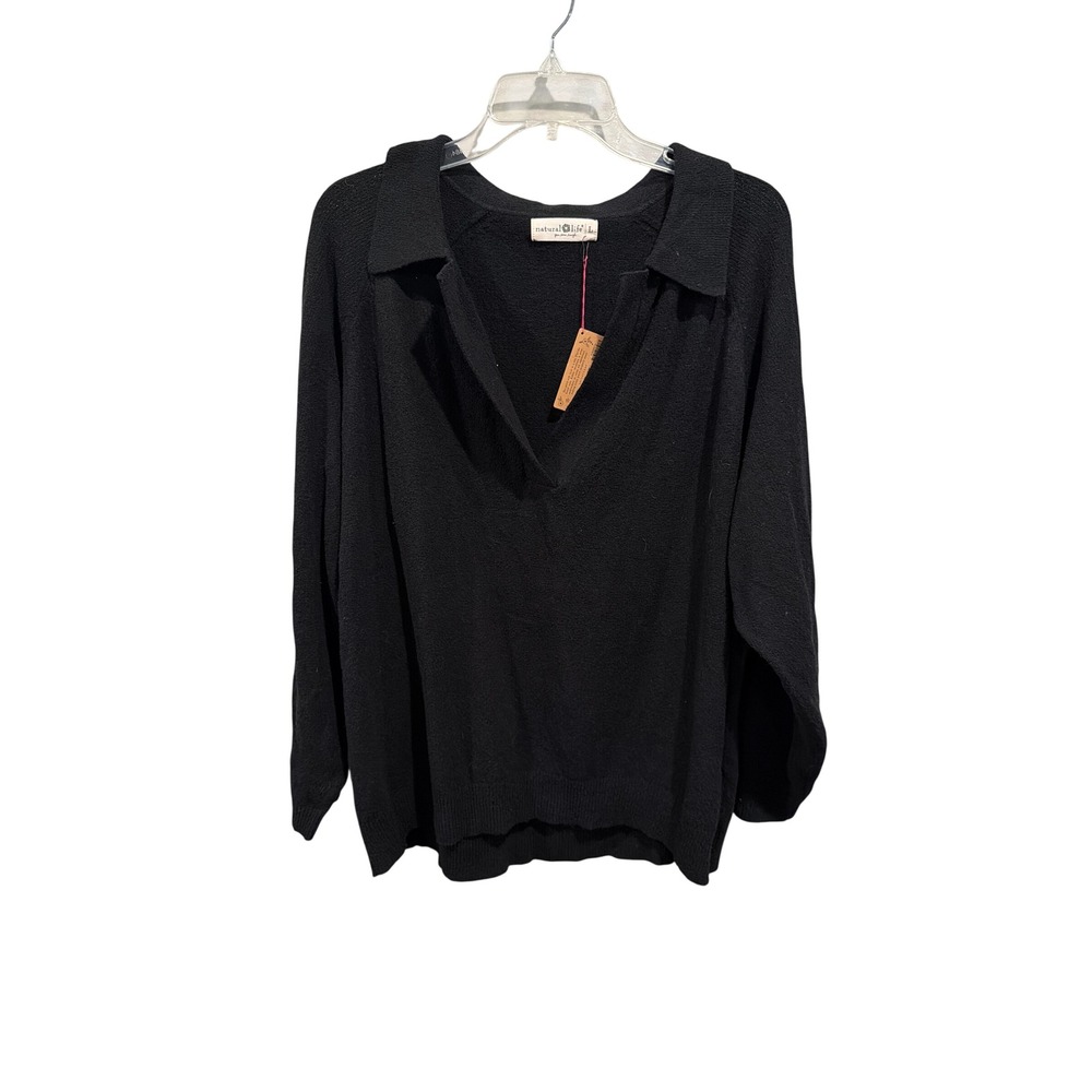 Natural Life Sweater Black V-Neck Collared Oversized Knit PJS000219 L
